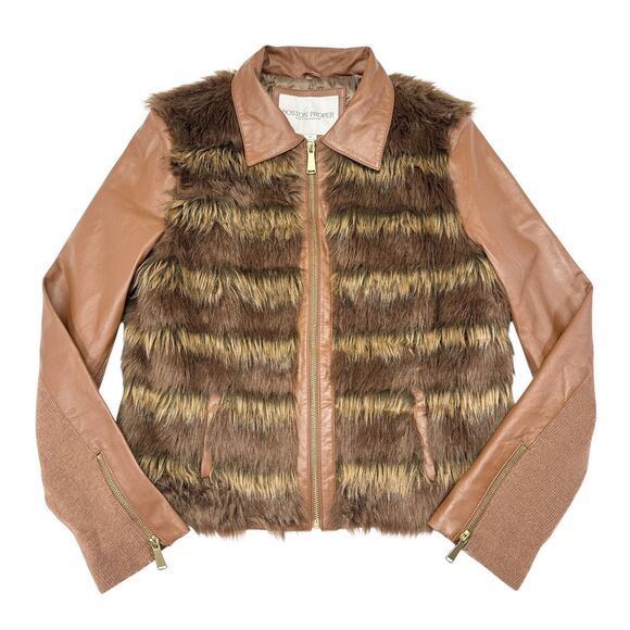 Boston Proper Leather Faux Fur Jacket Women Size 12 Brown Full Zip Festival Boho - Picture 1 of 9